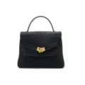 Black leather top handle shoulder bag with gold geometric clasp for women daily commute. - 25*10*19cm / Black