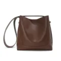 Elegant brown leather bucket bag for women, large capacity casual shoulder crossbody bag. - Coffee (Silver Buckle)