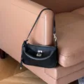 Black leather underarm shoulder bag with metal lock closure for women commute daily fashion - Top Grain Leather - Black (Silver Buckle) with Gift Box