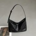 Black genuine leather hobo bag, chic minimalist shoulder armpit tote bag for daily commute. - 26x10x18cm / Black