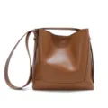 Genuine leather bucket bag women large capacity shoulder crossbody commuter tote bag. - Golden Brown (Silver Buckle)