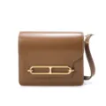 Glossy leather shoulder bag with gold metal link clasp for women commuting daily wear style - Caramel color