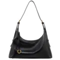 Detailed view of the minimalist black leather hobo shoulder bag, premium cowhide, gold hardware. - 35*11*21CM / Black