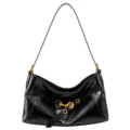 Black crinkled leather shoulder bag with sleek metal hook closure for chic daily commuting style. - Black