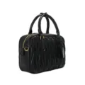 Stylish black leather ruched mini bowling bag for women, trendy boston top handle handbag. - Black