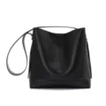 Black leather bucket bag women versatile shoulder handbag daily commute minimalist cross-body style - Black (Silver Buckle)