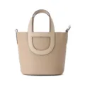 Beige leather bucket bag with unique handle, stylish top handle handbag for women daily wear. - Light Gray