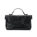 Black leather nano top handle flap bag, stylish crinkled motorcycle crossbody shoulder bag. - 20x8x13cm / Black