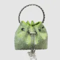 Green rhinestone evening bucket bag with metal round handle and chain tassel for women party. - Green