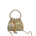 Borsa a secchiello da sera in strass oro con manico tondo in metallo, coulisse e tracolla. - Oro