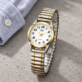 Damen Quarz-Uhr mit zweifarbigem elastischem Stahlarmband und großen Ziffern. - Gold Zweifarbig