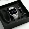 Men's luxury watch bracelet necklace ring set fashion minimalist quartz wrist watch jewelry gift box - Digital Electronic Watch Style (S05314-3) / Silver