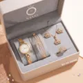 Mujer reloj cuarzo pulsera collar pendientes anillo conjunto joyas oro rosa - Conjunto de Joyas de 5 Piezas Oro Rosa (ZH-S05775-2)