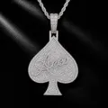 Close up of iced out spade pendant necklace with pavé stones and Aces script detail. - Silver