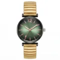 Elegant quartz horloge met groene wijzerplaat en gouden elastische horlogeband. - Geelgroen