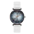 Minimalistisch quartz horloge met blauwe zonneschijf wijzerplaat en witte stretchband. - Blauw en Wit