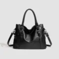 Borsa tote nera in morbida pelle, borsa a tracolla casual da lavoro con manico e cinghia. - Nero