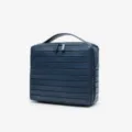 Borsa cosmetica da viaggio in PU blu scuro con design a strisce e comoda maniglia. - Blu Scuro