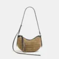 Borsa a tracolla in paglia intrecciata, borsa a mezzaluna kaki e nera con cinturino regolabile. - 23*9*17 / Kaki