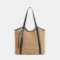 Borsa shopper in paglia intrecciata con manici in pelle nera, grande borsa da spiaggia. - Kaki