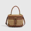 Borsetta vanity in paglia intrecciata con dettagli in pelle marrone, borsa da spiaggia estiva. - 17.5*9*13 / Tessuto con Marrone