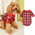Red and black plaid pet sweater detail view, cozy fleece dog hoodie for small dogs and cats. - XS / Red and Black Grid