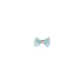 Close-up of pet bow hair clip, light blue ribbon, pink center, cute cursive text print. - Light Blue