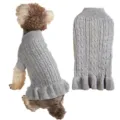 Grey cable-knit pet dog sweater with cute ruffled hem, soft warm winter apparel for small dogs. - S / Gray