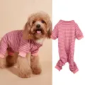 Detailed view of striped dog pajamas, cotton high-neck four-legged pet jumpsuit for daily wear. - XS(Bust 40cm Back 24cm) / Rose Red