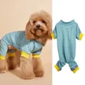 Cute striped dog pajamas four-leg jumpsuit with yellow collar for small dogs puppy autumn. - XS(Bust 40cm Back 24cm) / Blue