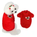 Red fleece pet dog sweater detail shot, warm high collar puppy winter clothing with cute patch. - S / Red