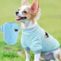 Fall winter warm pet clothes flannel puppy sweater with cute puppy patch blue high collar view - S / Blue