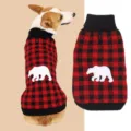 Classic red and black plaid pet dog sweater with cute white bear silhouette and warm turtleneck. - XS / Red Plaid