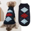 Cozy winter dog sweater with classic argyle pattern and turtleneck design for small pets. - XS / Navy Blue