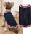 Classic navy dog sweater with red and white striped ribbed trim and cozy cable knit design. - XS / Blue