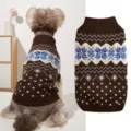 Detailed view of cozy knit dog sweater with turtleneck and winter snowflake patterns. - XS / Coffee