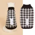 Close-up detail of black white plaid pet sweater with cute deer patch and warm collar. - XS / Black Plaid