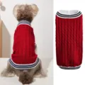 Red cable knit pet sweater detail, featuring stylish striped collar for dogs and cats. - XS / Red
