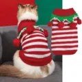 Christmas pet sweater detail, red and white striped knit fabric with green lapel pom-poms. - L / Red and White Striped