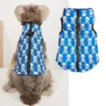 Detailed view of the blue skull print dog winter vest with back zipper and leash ring. - Blue Belt Skull Buckle