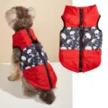 Halloween dog vest with skull print, warm quilted winter pet clothes with leash hole and zipper. - Red Skull