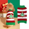 Festive pet knit sweater with red white stripes, cute Christmas tree and pom-pom decor. - XS / Striped Christmas Tree