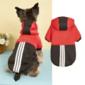 Dog fleece hoodie, red and black color block pet jacket with hood and back stripes for small dogs. - XS / Black