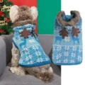 Detailed view of winter pet sweater with cute reindeer antlers and classic snowflake pattern. - XS / Blue