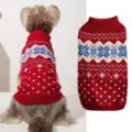 Detailed view of the red winter pet knitted sweater featuring classic snowflake and wave patterns. - XS / Red