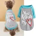 Grey and blue colorblock pet t-shirt with cute rescue letter print and heart paw pattern. - XS / Blue Heart