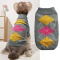 Detailed view of the cozy dog sweater with classic argyle pattern and stylish lapel design. - XS / Gray
