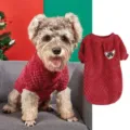 Cozy coral fleece pet dog winter sweater with cute cartoon dog patch and ribbed crewneck design. - S / Burgundy