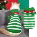 Christmas pet cat dog knitted sweater green white stripes turtleneck pom-pom winter warm apparel - L / White and Green Striped