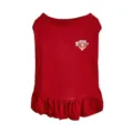 Red pet dog dress detail featuring cute donut print and stylish ruffled hem design. - XS / Red